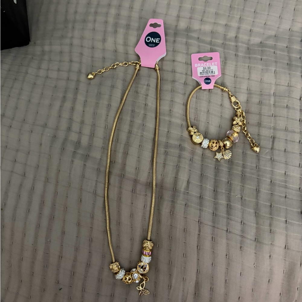 Moon Collection Gold-Tone Charm Necklace and Bracelet Set - Pink Accents
